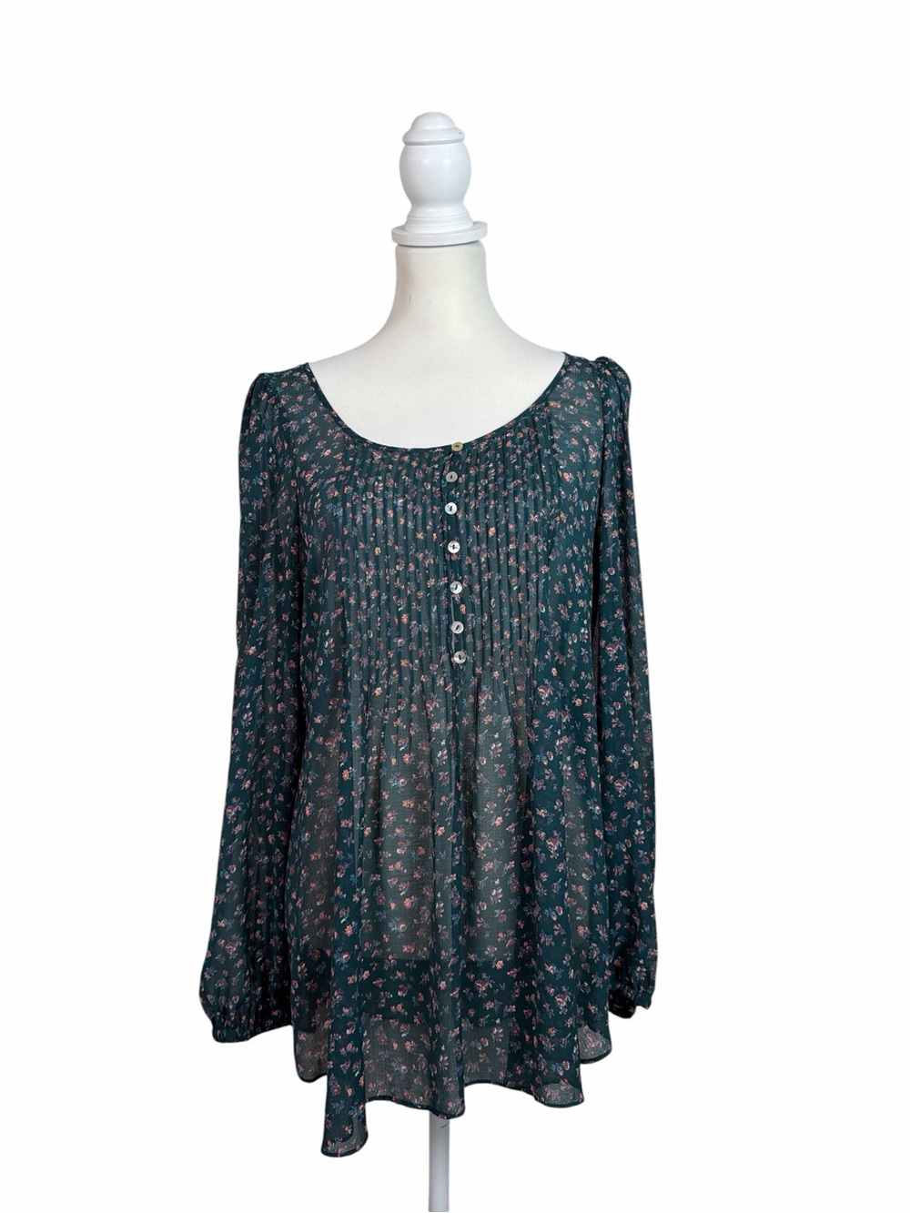 Kimchi Blue Large Teal Floral Sheer Pintuck Blouse Long Sleeve Boho Tunic